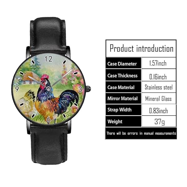 Aquarel Boerderij Vogel Haan Omringd door Bloemen Horloges Persoonlijkheid Business Casual Horloges Mannen Vrouwen Quartz Analoge Horloges, Zwart